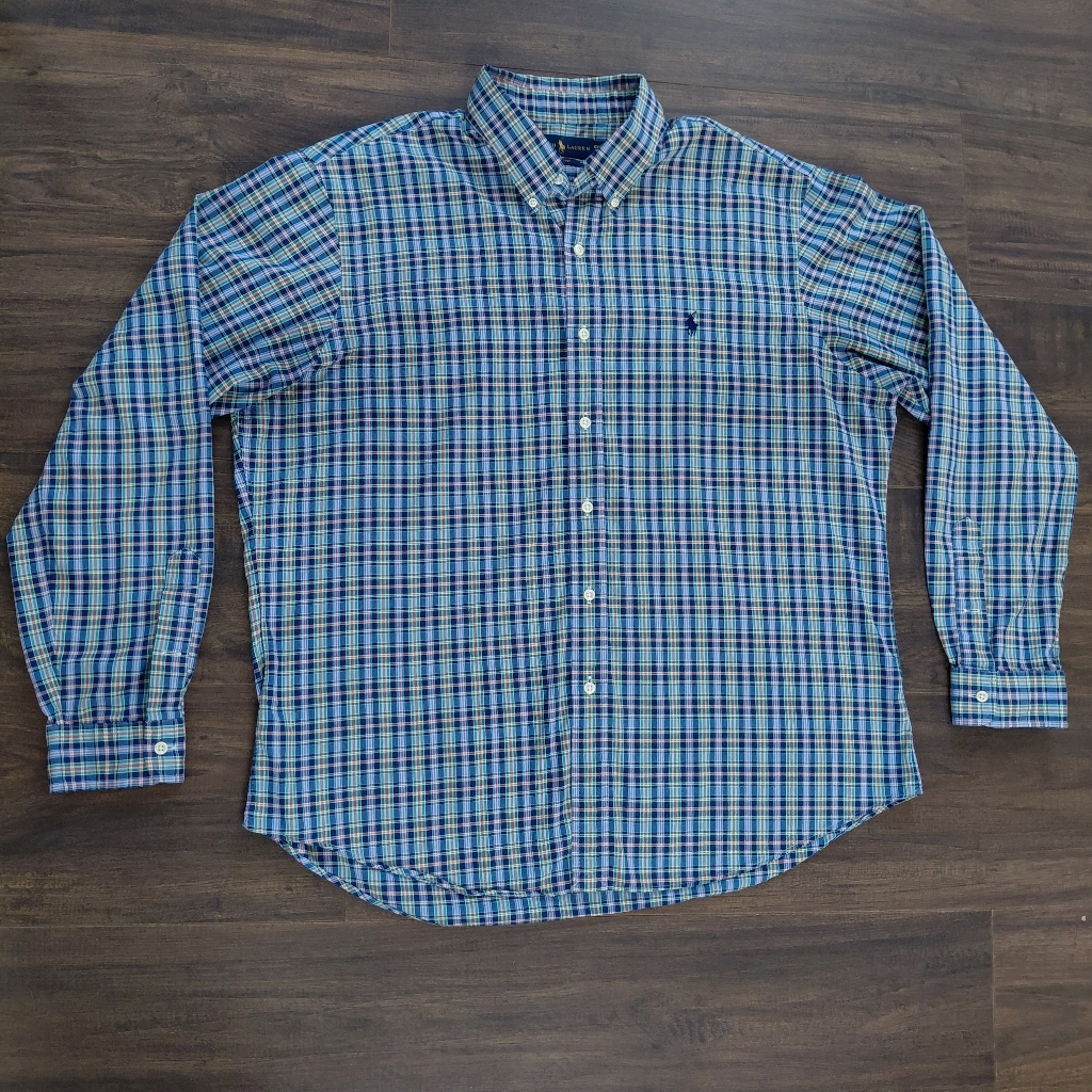 Ralph Lauren Oxford Slim Fit Blue Plaid Long Sleeve Dress Shirt - Size Xxl